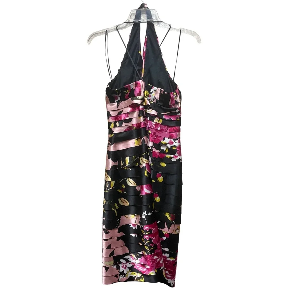 JS Collections Petite Floral Striped Halter Tiered Cocktail Dress Pink Black 4P